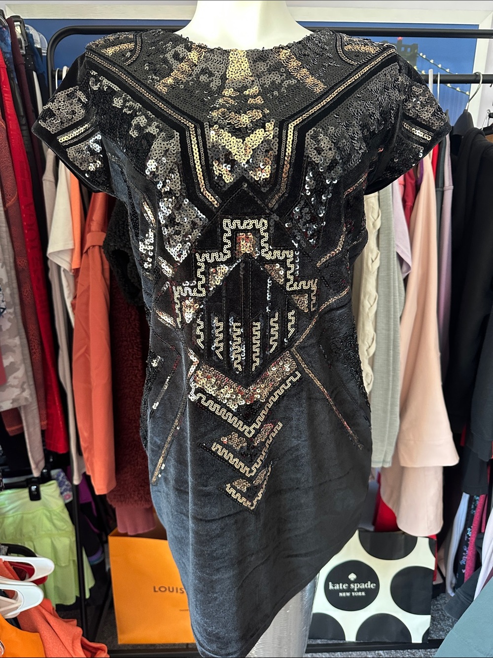 Dex Velvet Black & Gold Sequin Geometric Mini Dress